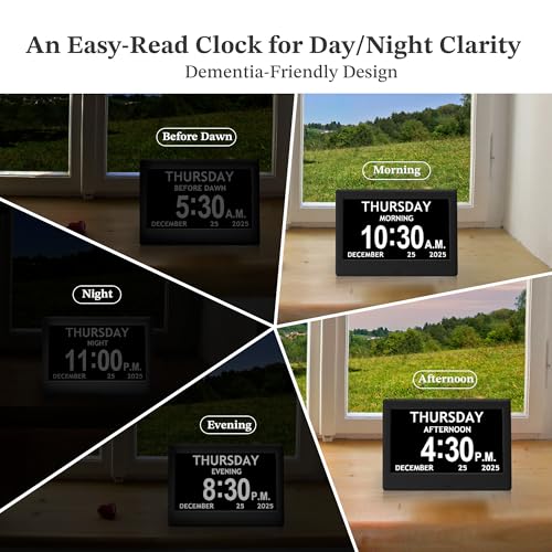 7-Inch Dementia Clocks for Seniors - Large Digital Display with Date & Time - Black Variation