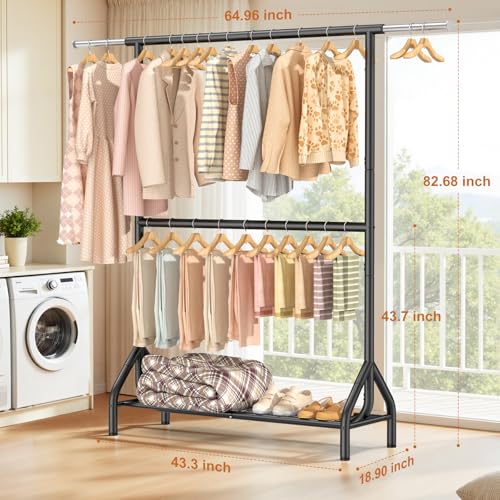 Heavy Duty Double Rod Clothing Rack - 82.68 Inch Garment Organizer with Shelves, Black, Supports 622 lbs