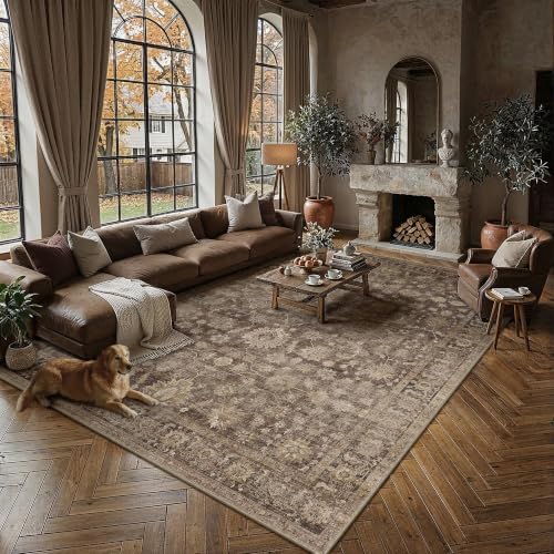 Washable Brown Area Rug 8x10 for Living Room - Non-Slip Vintage Carpet - HUGEAR