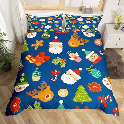 Feelyou Xmas Elk Deer Duvet Cover Set Kids Santa Claus Decorative Bedding Set Cute Penguin Comforter Cover Set for Women Men Room Decor Lightweight Navy Blue Bedspread Cover with 2 Pillow Cases