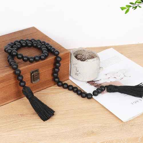 Wood Beads Garland with Tassels Farmhouse Rustic Prayer Boho Beads for Boho Home Decor, Wall Hanging Decoration (Black)