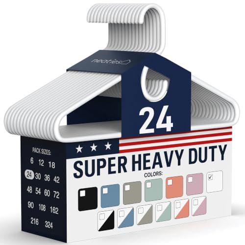 Neaties 24 Pack Heavy Duty Plastic Clothes Hangers - White, 10lb Capacity, Made in USA