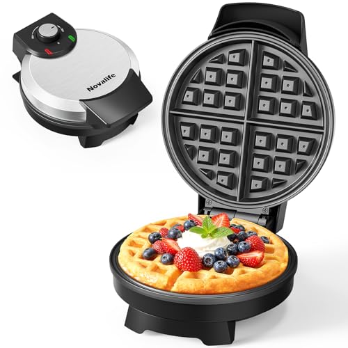 Novalife Black 7-Inch Round Classic Belgian Waffle Maker with Adjustable Browning Control