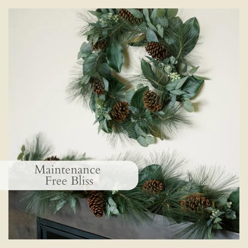 CG Hunter Magnolia Eucalyptus Pinecone Christmas Wreath 28" - Mixed Foliage Holiday Decor