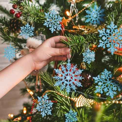 36 Pack Blue Snowflake Ornaments, Christmas Tree Decorations, Plastic Glitter Hanging Snow Flakes for Indoor Winter Christmas Tree Wonderland Decor