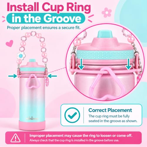 Kids Water Bottle with Beaded Handle - Sparkle Guava, 16 oz Insulated Stainless Steel with Leakproof Straw Lid