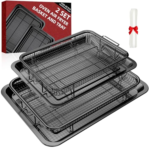 Air Fryer Basket Set for Oven - Large & Medium Non-Stick Stainless Steel with Parchment Paper - Black (L+M)