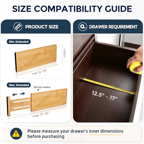 Adjustable Bamboo Drawer Dividers for 12.5-17 Inch Deep Drawers - 6 Pack