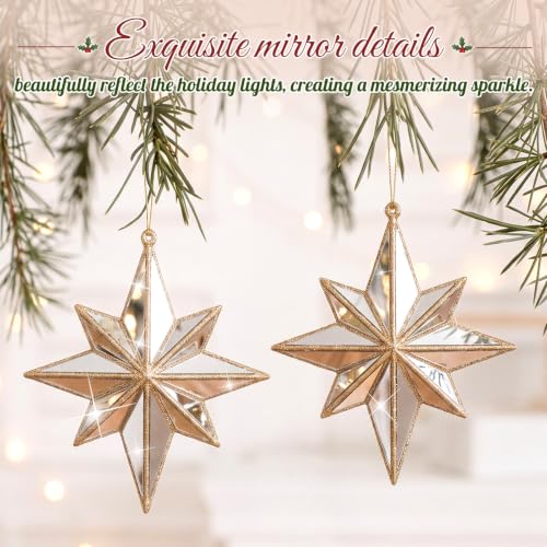 Gold Bethlehem Star Ornament Set - 6 Mirrored 5.5'' Holiday Decorations with Glitter, Variants Include Gold / Bethlehem Star