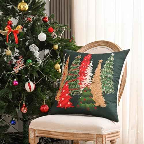FUTEI Decorative Christmas Tree Pillow Covers 18x18 Inch Set of 2,Christmas Green Linen Cushion Cases, Winter Christmas Throw Pillows for Sofa Couch Bed Living Room