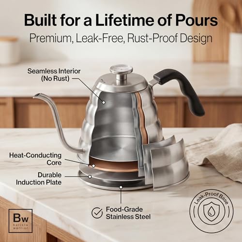 Silver 1.2L Gooseneck Kettle for Pour Over Coffee - Precise Temperature Control