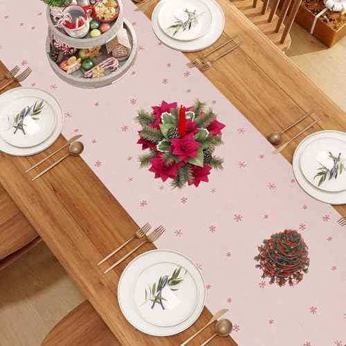 Linen Pink Hawaiian Tropical Flamingo Christmas Table Runner 72 Inches Long Hawaii Beach Christmas Xmas Winter Holiday Home Kitchen Table Decorations