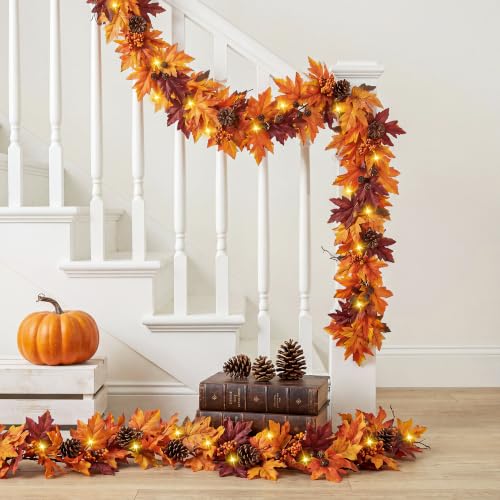 6Ft Fall Garland with 30 Lights & Timer - Autumn Mantle Decor