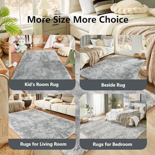 Tie-Dyed Light Grey Shag Area Rug 6x9 - Soft Fluffy Carpet for Living Room & Bedroom