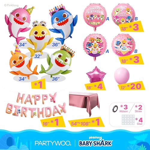 Pink Baby Shark Foil Balloon Set - 37pcs Birthday Party Decorations with Star and Letter Balloons