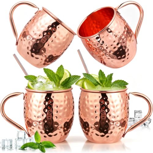 Copper Moscow Mule Mugs Set of 4 - 16oz Hammered Copper Cups with Handles
