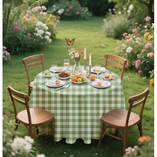 HEIPINIUYE 3 Pack Sage Green Gingham Tablecloth Disposable 84 x 84 Inch Sage Green and White Plaid Plastic Table Cover Disposable Round Table Cloth for Party Birthday Picnic Checkered Tablecloths
