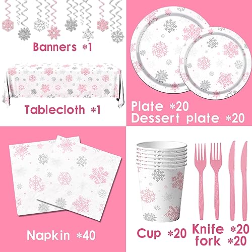 Pink Snowflake Winter Wonderland Disposable Party Tableware Set 142pcs