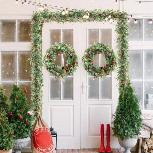 YLOLUL 6.5 Ft Artificial Eucalyptus Garland with Red Berries & Pinecones Pinecone Variant for Christmas Holiday Home Decor
