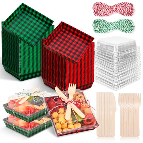 Christmas Charcuterie Boxes 100 Pack with Lids, Forks & Knives – Red/Green Checkered Paper Gift Boxes