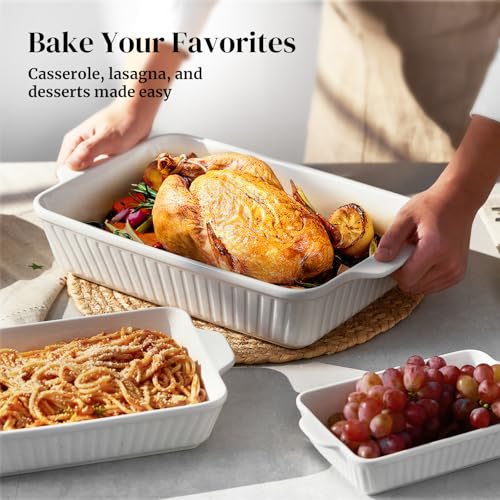 White Ceramic Casserole Dish Set of 3 Oven-Bakeware with Handles - Rectangular Baking Pans