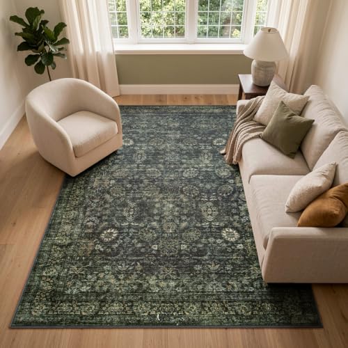 Morebes Dark Green 5x7 Washable Area Rug - Vintage Boho Non-Slip Non-Shedding
