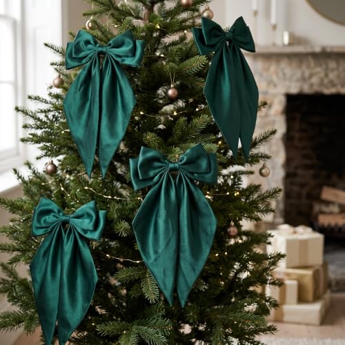 Thiccywoov 24 Dark Green Christmas Bows 15 x 6.3 in - Pre-Tied Satin, Festive Décor (Dark Green / 24)