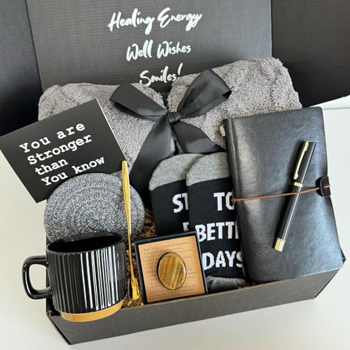 Men's Get Well Soon Care Package with Plush Blanket Mug Socks Notebook Stress Stone