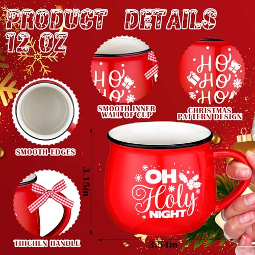 12oz Christmas Mugs Set - 12 Ceramic Coffee Cups in Red, Green & White