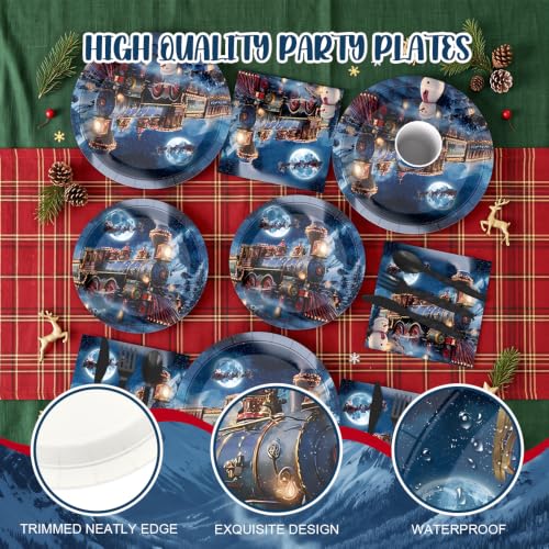 AIBIIN Navy Blue Train Christmas Paper Plates & Napkins Set for 24 Guests