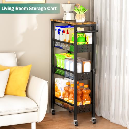 Vivihomety 4-Tier Slim Metal Laundry Cart with Wheels - Black, 7.1 Inch Wide