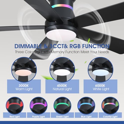 Black 46-Inch Ceiling Fan with RGB Lights - Flush Mount, Dimmable LED, Modern Low Profile