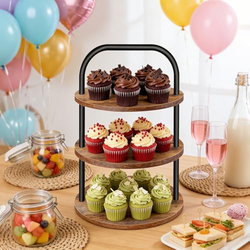 Brown Wooden 3-Tier Cupcake Stand for 100 Cupcakes - Farmhouse Dessert Display Set - Lilybud