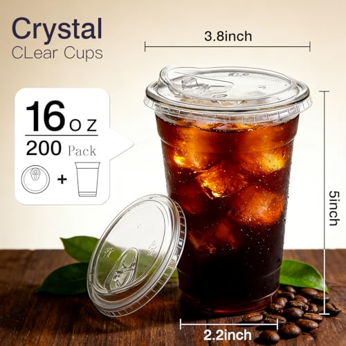 200 Pack 16 oz Clear Plastic Cups with Sip Lids - Disposable Cold Drink Cups - ARTLYMERS