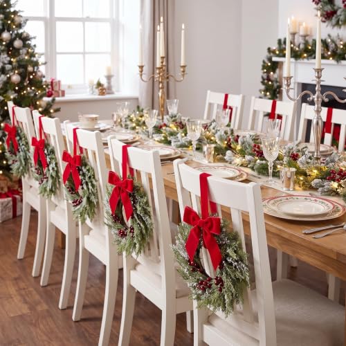 6 Pack 15-Inch Mini Christmas Wreaths for Kitchen Cabinets with Red Bows