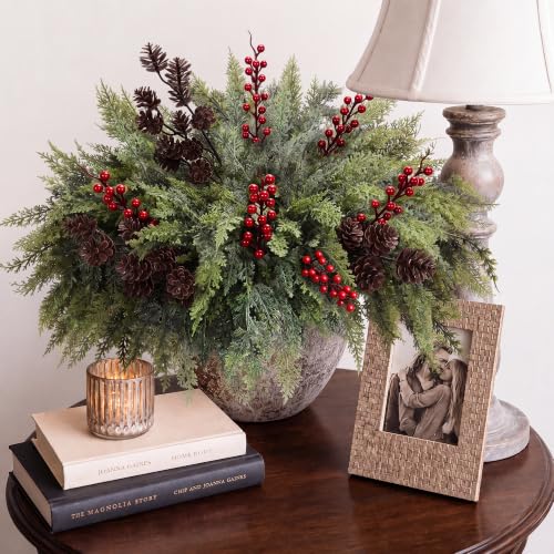 12 Artificial Cedar Stems with Pine Cones & Red Berries - 17.5" Holiday Decor (Variation: 12Cedar Stems+2Big Pinecones+3Red Berry)
