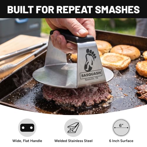 6 Inch Fully Welded Smash Burger Press - Flat Handle Control, Heavy-Duty Steel