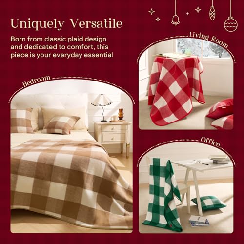 Red Christmas Throw Pillow Covers Set of 2 - Faux Wool Buffalo Check 18x18 Inches