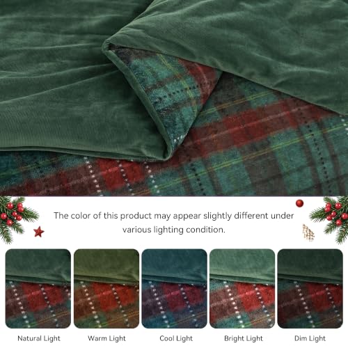 JANZAA 3-Piece Queen Green Plaid Flannel Comforter Set (90x90) — Includes 1 Comforter + 2 Pillow Shams