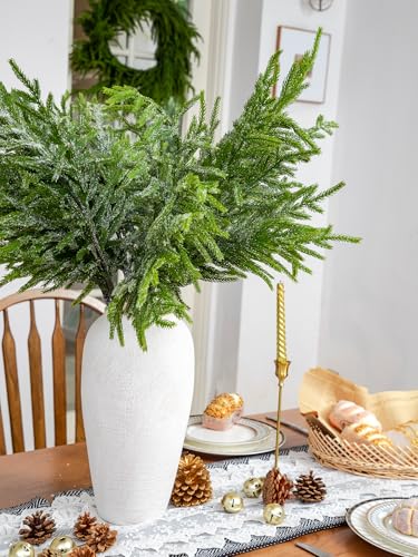 Green Moon 6PCS Norfolk Pine Branches with Artificial Snow - 31-inch Christmas Greenery for DIY Wreaths & Garland
