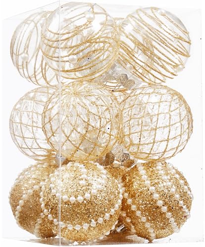 ChrisWish Gold 70mm 12ct Shatterproof Christmas Ball Ornaments - Clear Plastic Glitter Decor