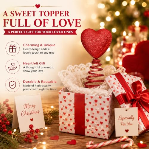 Red Heart Christmas Tree Topper, Glitter Mini Holiday Decoration