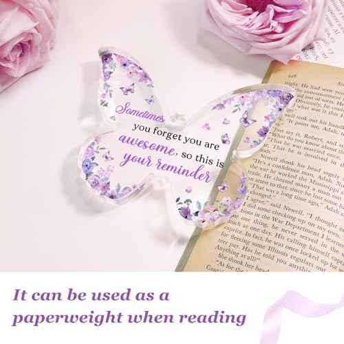 Purple Gifts for Women Christmas, 5x3.8x0.5 Inch Purple Butterfly Office Decor Acrylic Plaque, Encouragement Motivational Congratulations Gifts for Women Friend Coworker,