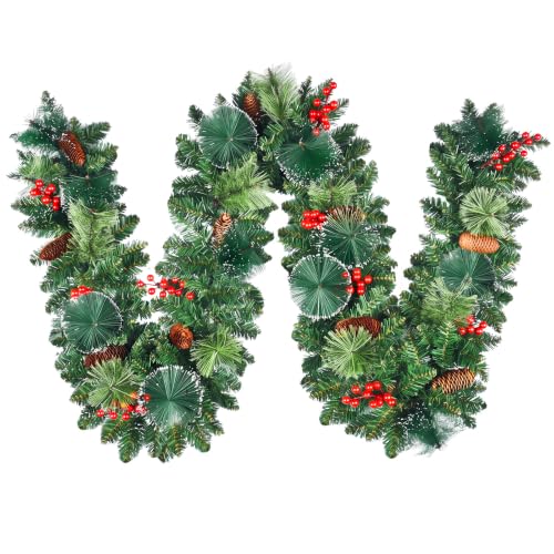 Dark Green 9FT Christmas Garland with Lights, Artificial Seasonal Decor with Cones & Berries
