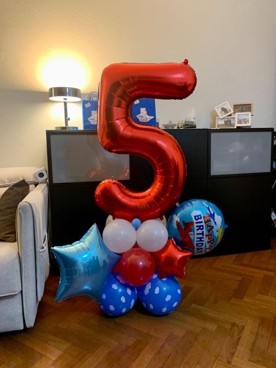 Red 5 Balloon, Number Balloon 40 Inch for Red Party Supplies, 5th Birthday Balloon Decorations, 5 Number Balloons, Number 5 Balloon