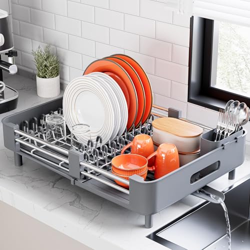 Urackify Extendable Stainless Steel Dish Drying Rack - Gray, Space-Saving Kitchen Organizer