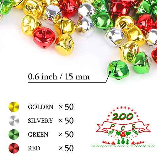 Augshy 200 Pieces Jingle Bells 3/5Inch Craft Bell Bulk for Christmas Home and Pet Decorations Xmas Decor Party Favors Supplies (Red Green Gold Silver)