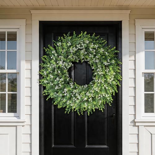 32-Inch Artificial Eucalyptus Wreath with Flowers for Front Door - White-Green, FOTEEWL