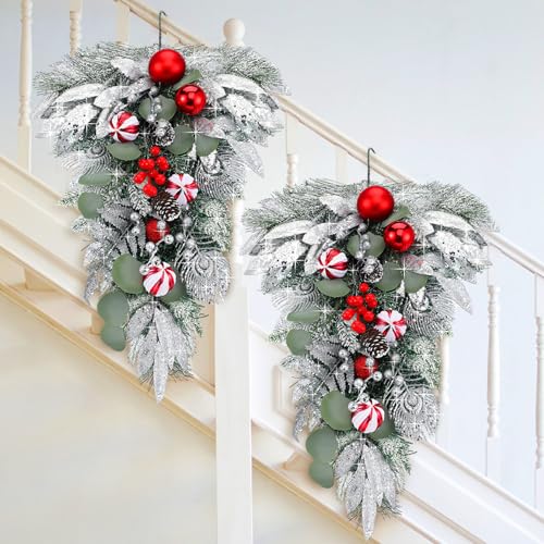 FineCheer 2 Pcs Christmas Teardrop Swags 22 Inch Frosted Pine Berries - Berries Variant