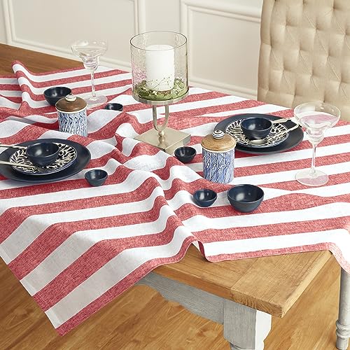 Solino Home 100% Pure Linen Square Table Throw 52x52 in, Red & White